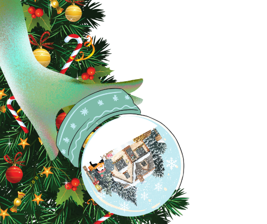 Image of a hand grabbing a decoration on a Christmas Tree