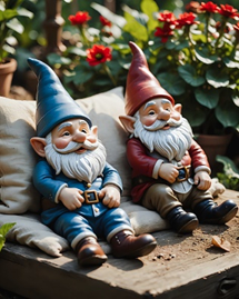 image of 2 garden gnomes in a restful pose